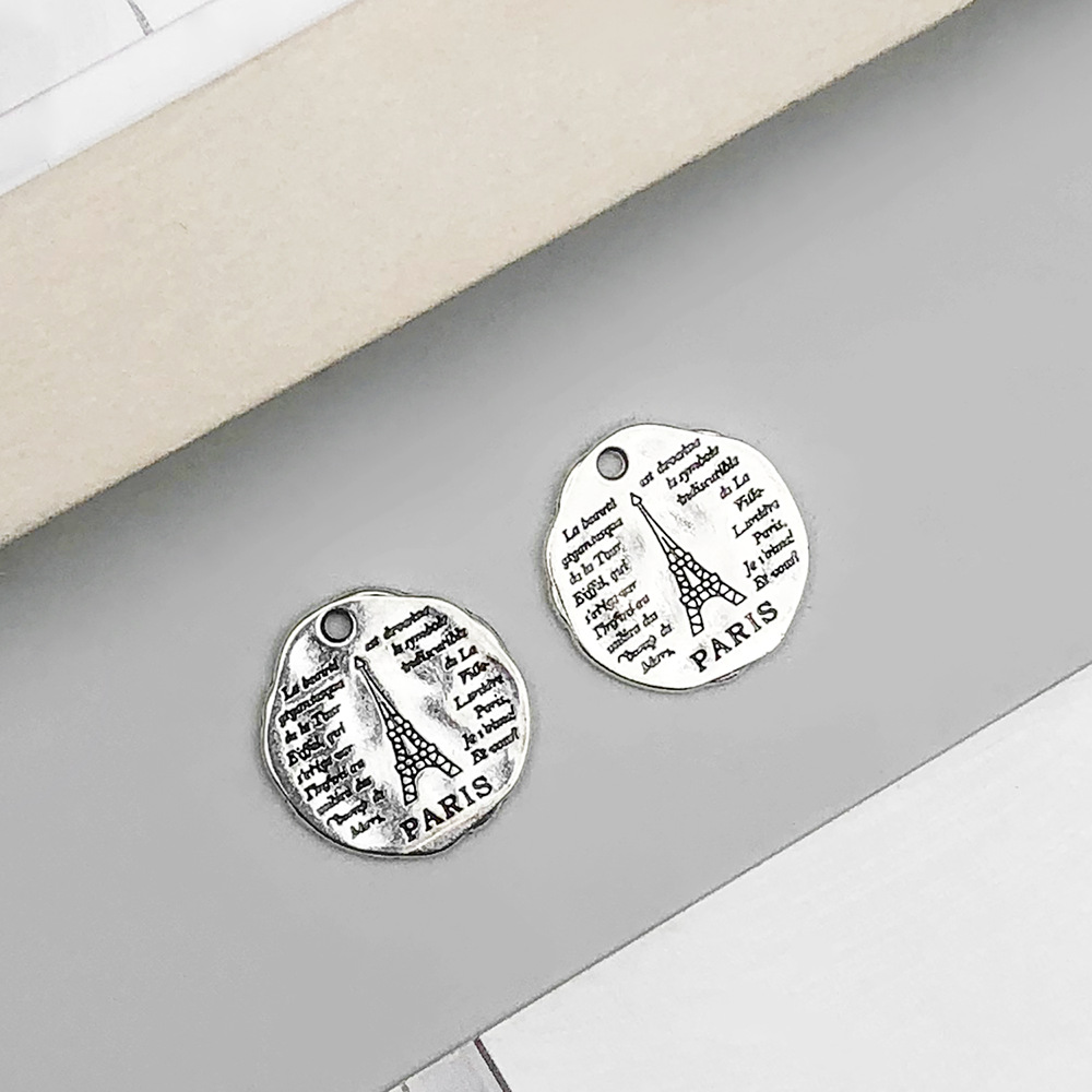 14:1 ancient silver round iron tower paris letter card 19*19mm-2.5g-10908