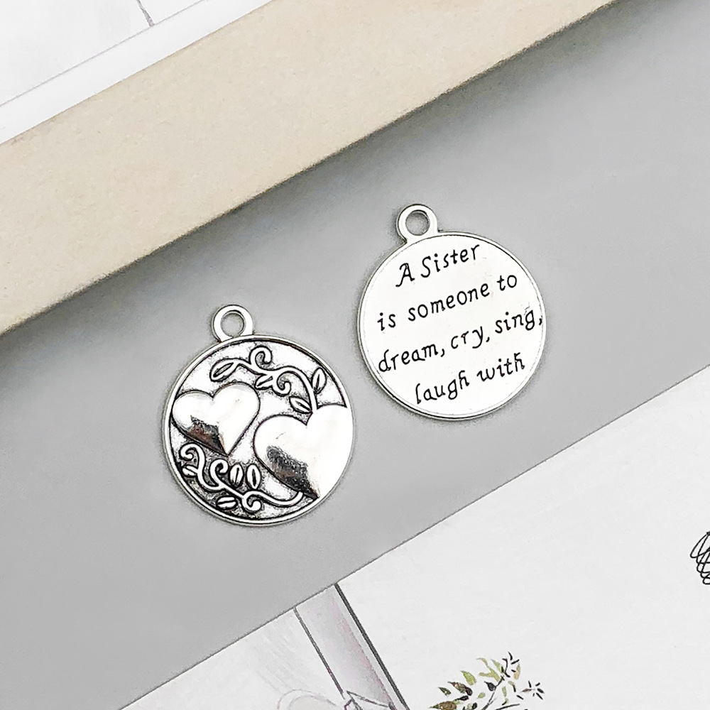 20:1 ancient silver round asister reverse love letter card 24*28mm-3.4g-10914