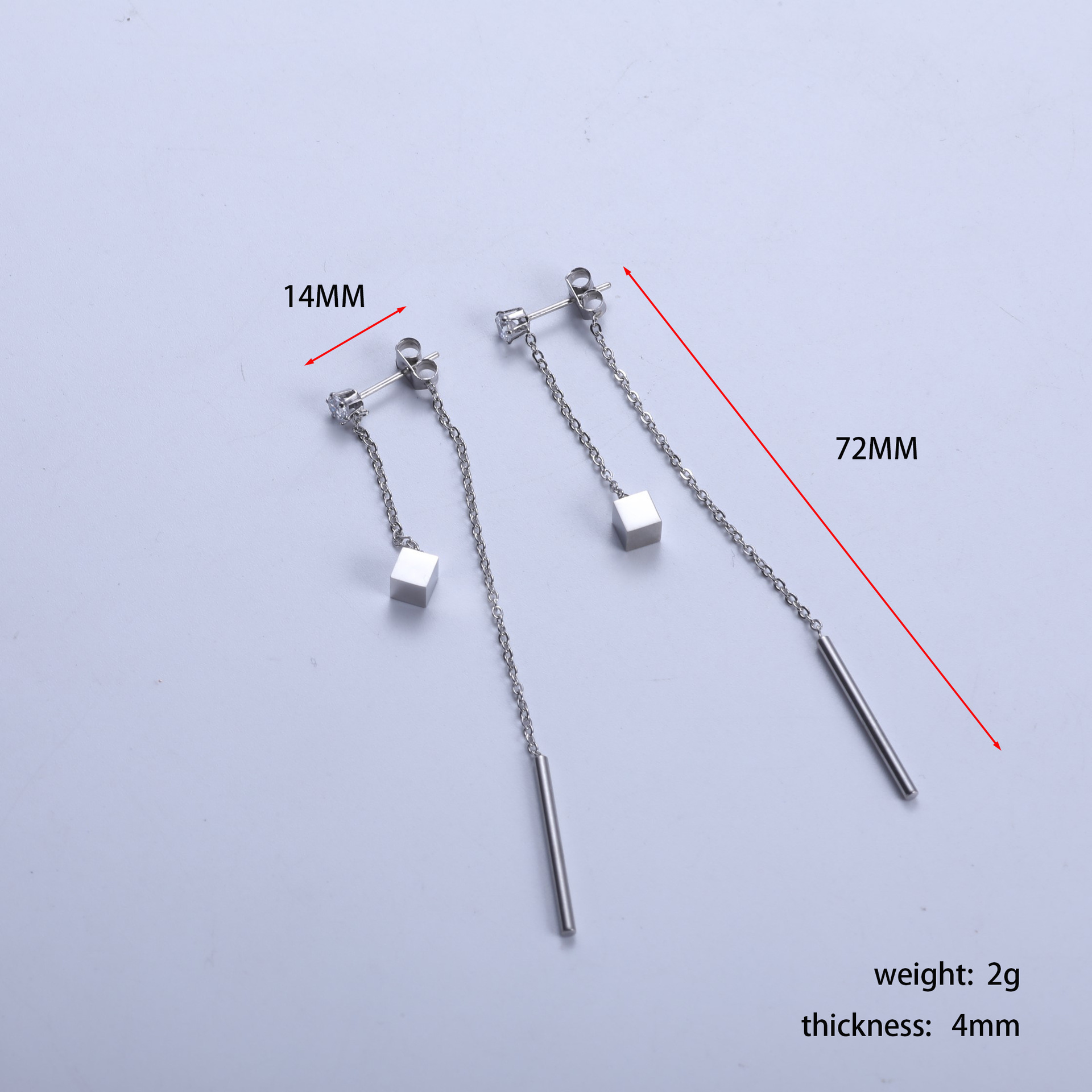 1:Steel color/single diamond hanging square round rod tassel earrings