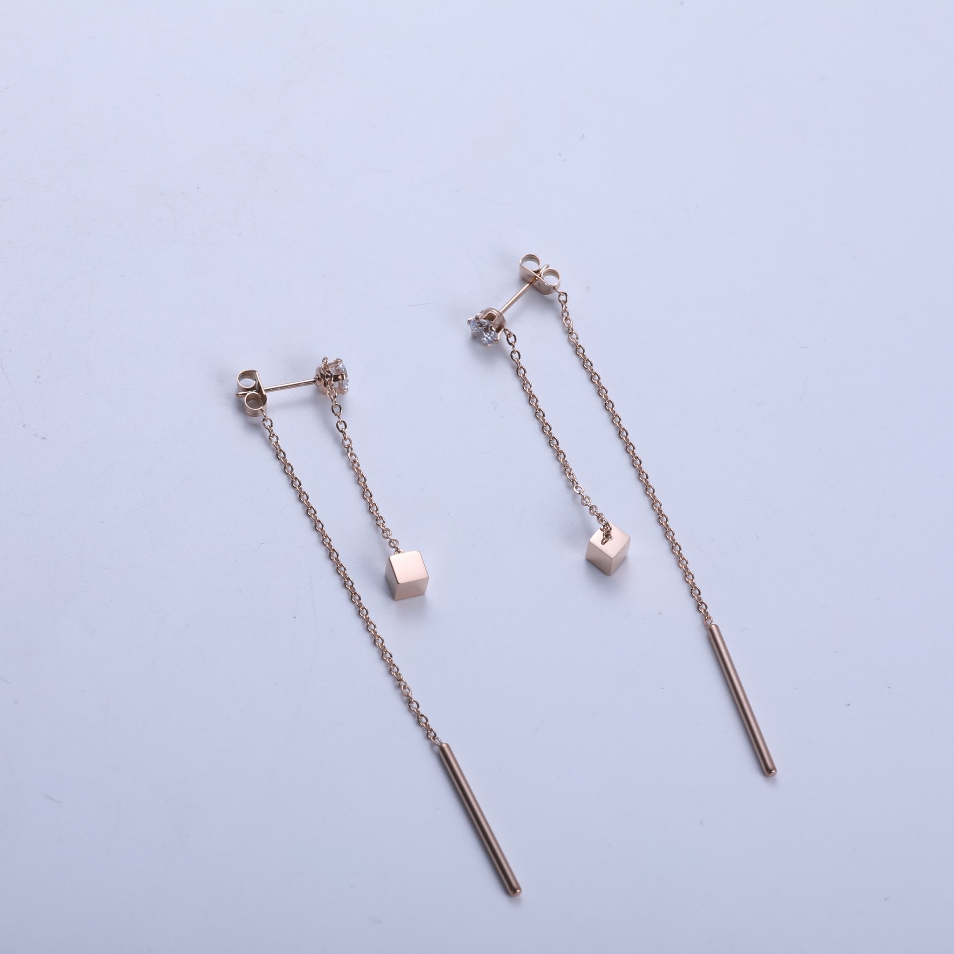 2:Rose gold/single diamond hanging square round rod tassel earrings