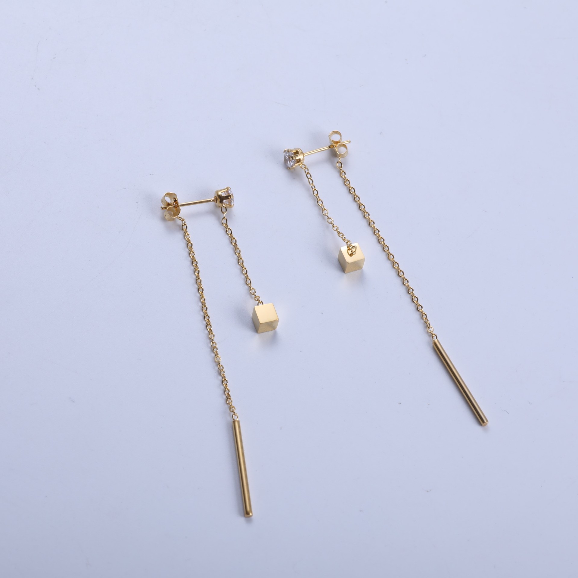 3:Gold/single diamond hanging square round rod tassel earrings