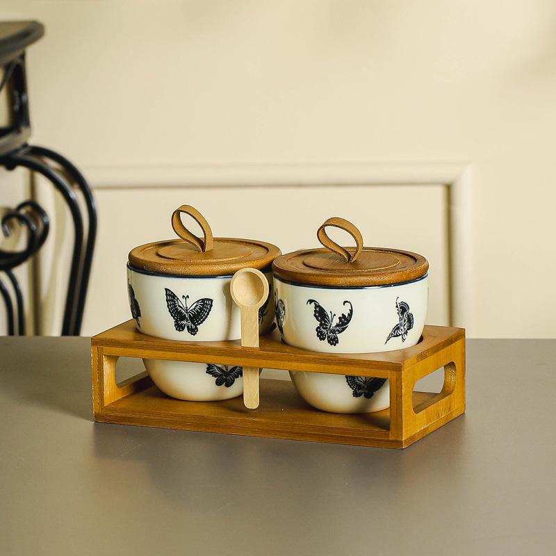 Two-piece set of gourd-shaped/can with shelf   wooden spoon-(butterfly)