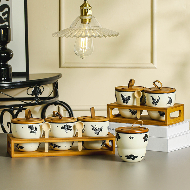 Three-piece gourd/can set with stand   wooden spoon-(sakura)