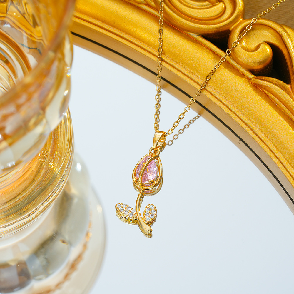 1:C383 gold pink zirconia necklace