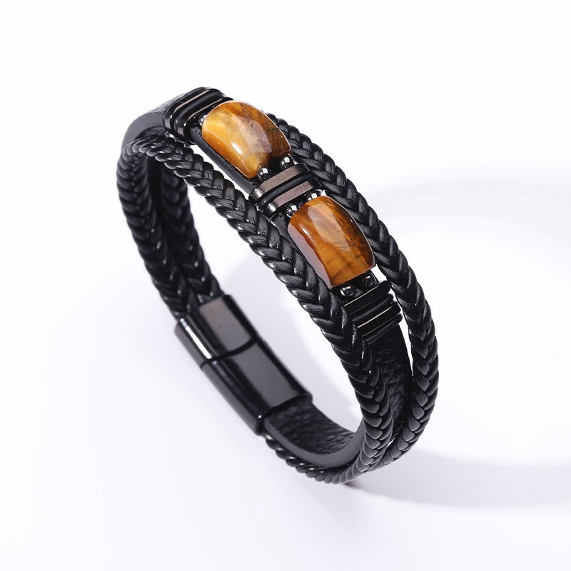 1:Black leather black buckle tiger eye stone