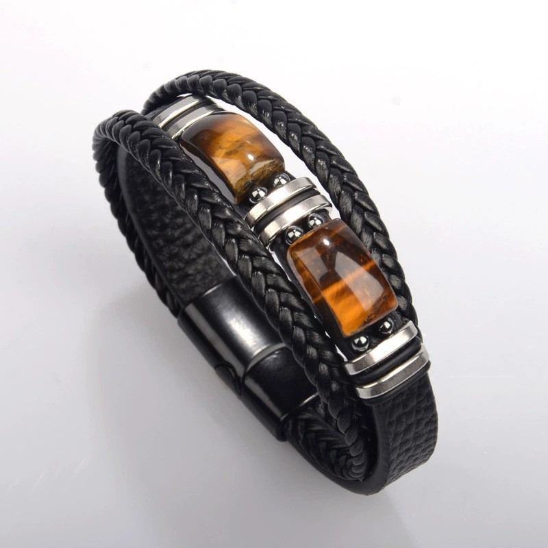 2:Black leather rigid buckle tiger eye stone