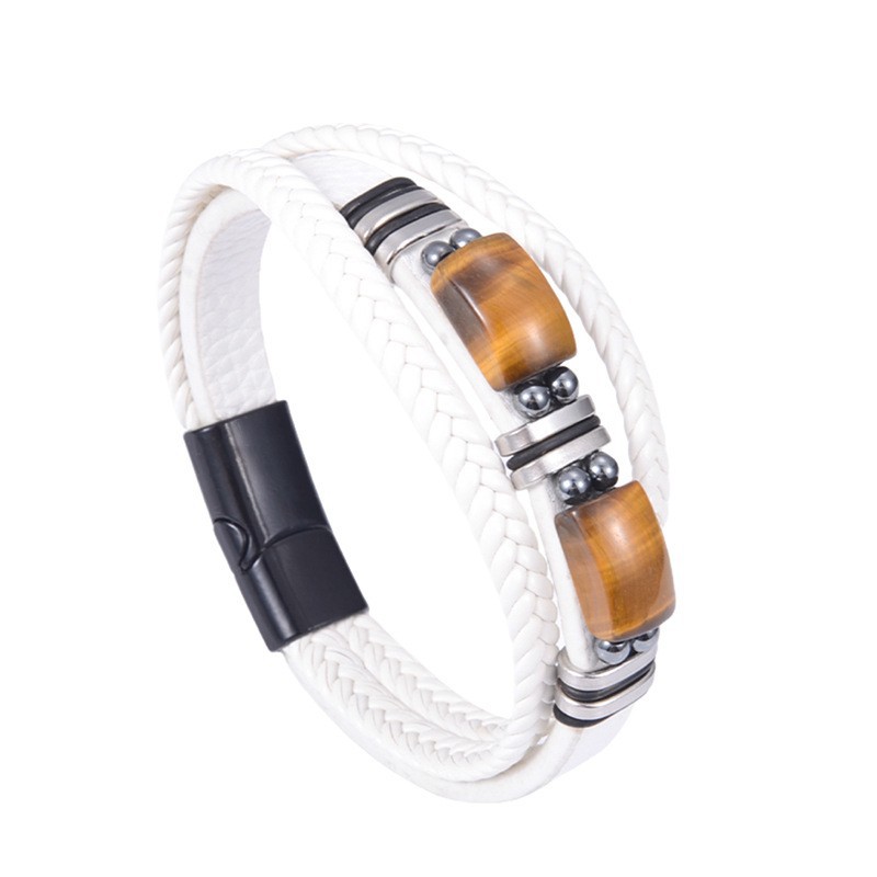 10:White leather steel buckle tiger eye stone
