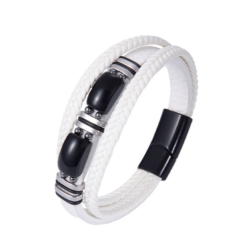 16:White leather steel buckle obsidian