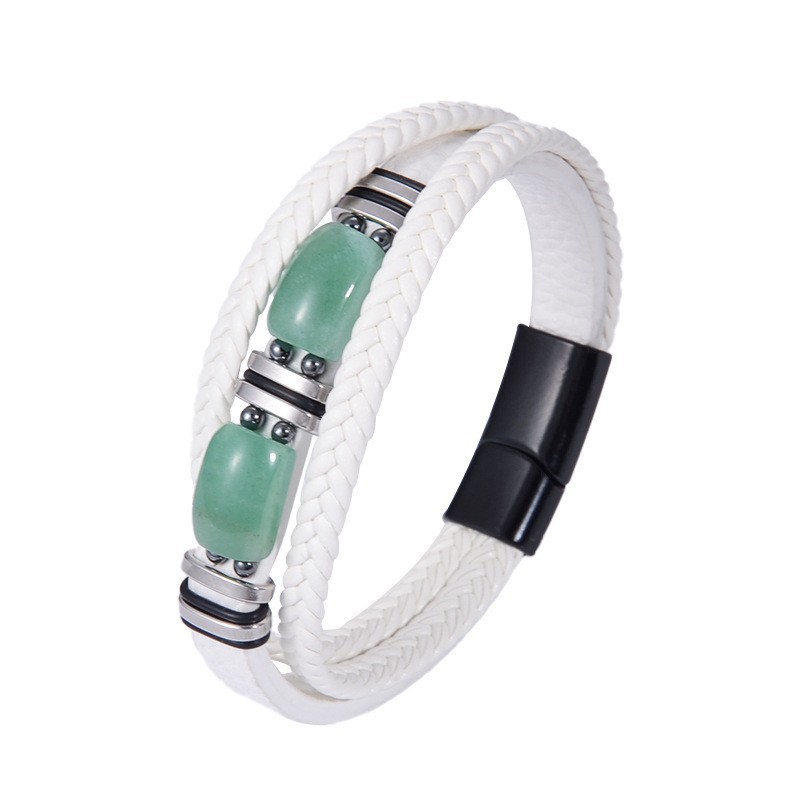 17:White leather steel buckle green aventurine