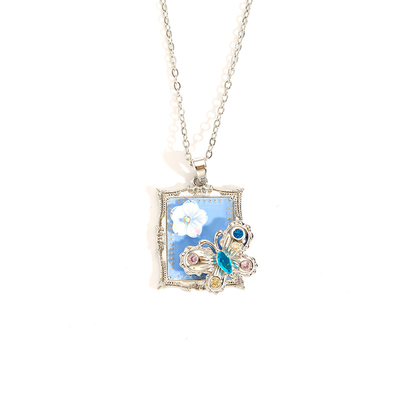 4:Blue oil painting butterfly necklace-steel color-1.92cm