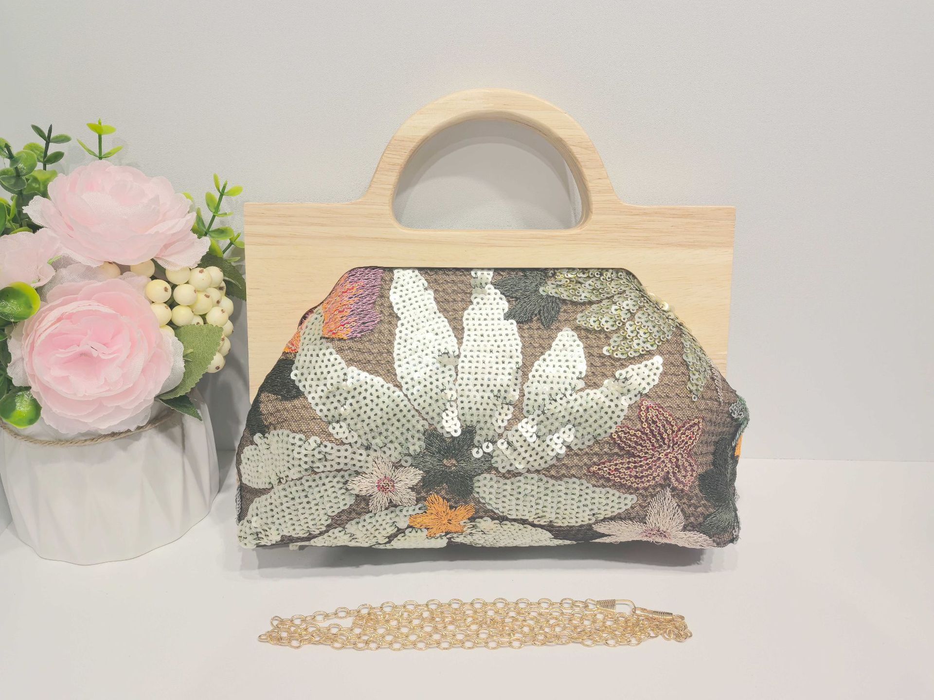 Green flowers on khaki background