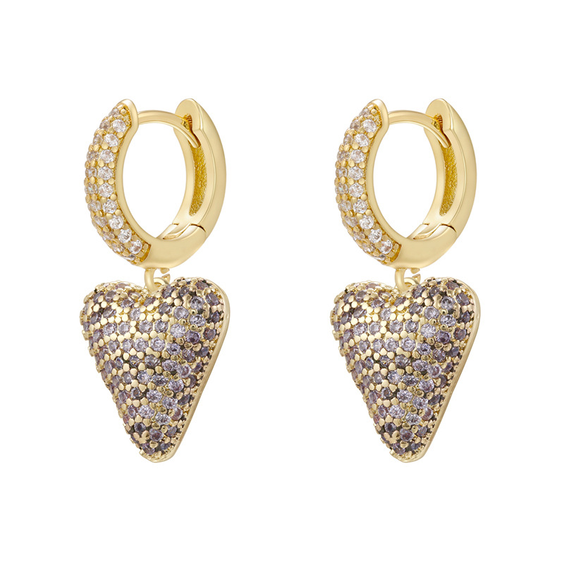 7:1 pair of golden purple diamond love earrings