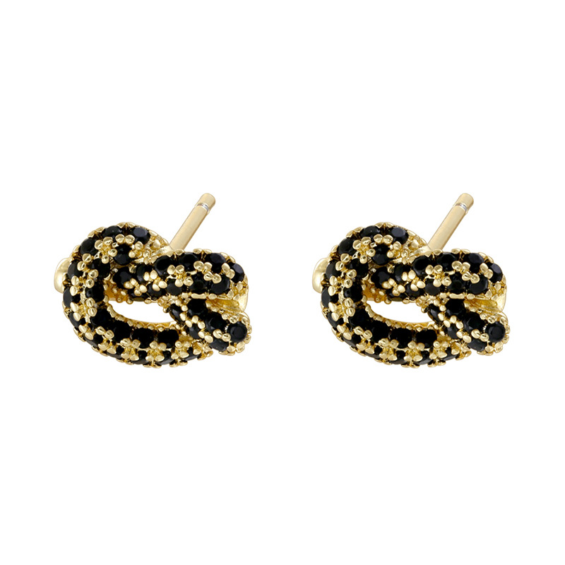 3:1 pair of gold black diamond alkaline knot earrings