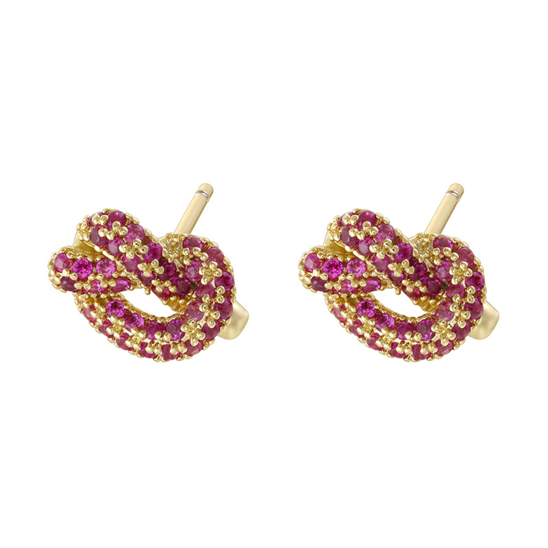 9:1 pair of gold rose red diamond alkaline water knot earrings