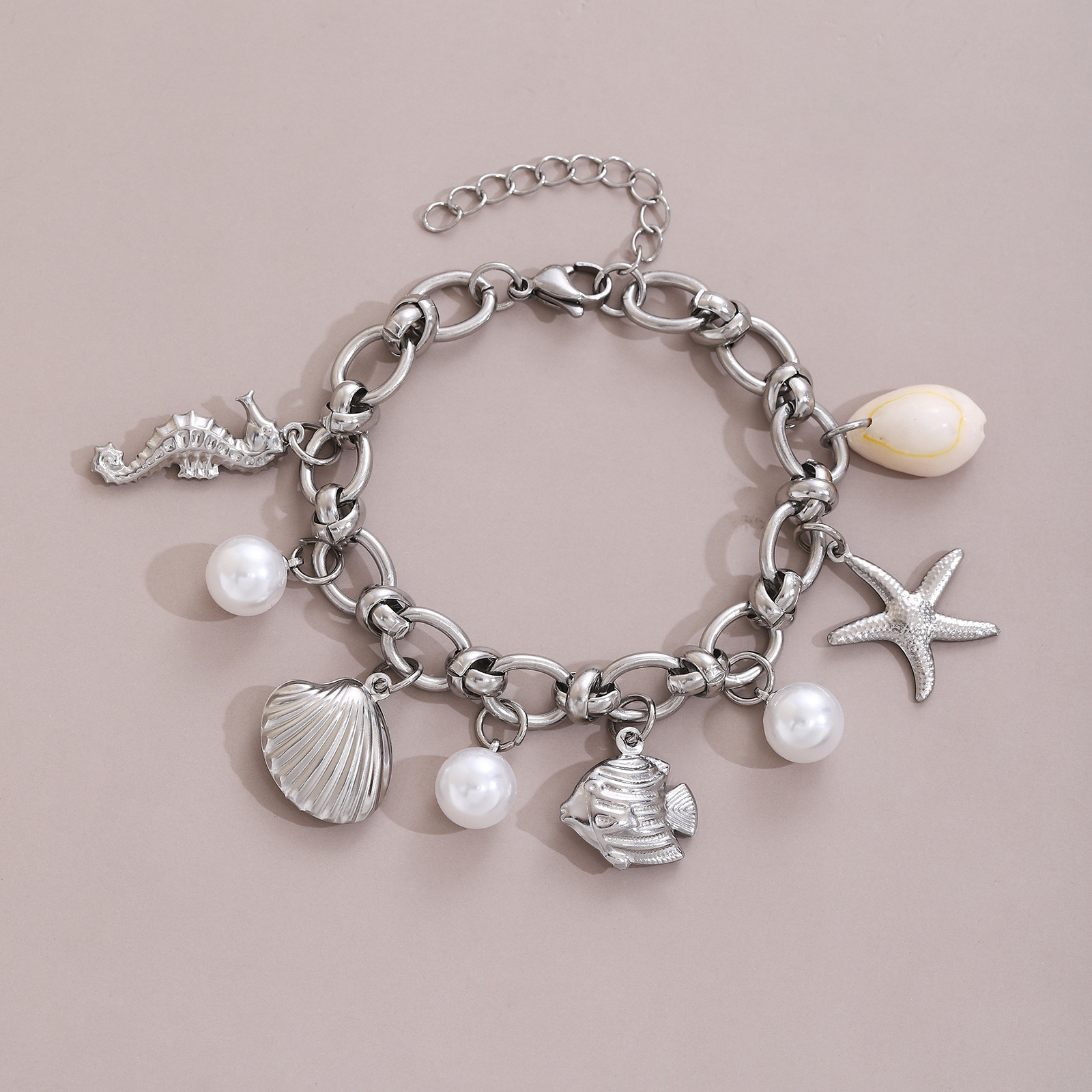 1:seahorse shell starfish fish conch pearl bracelet silver