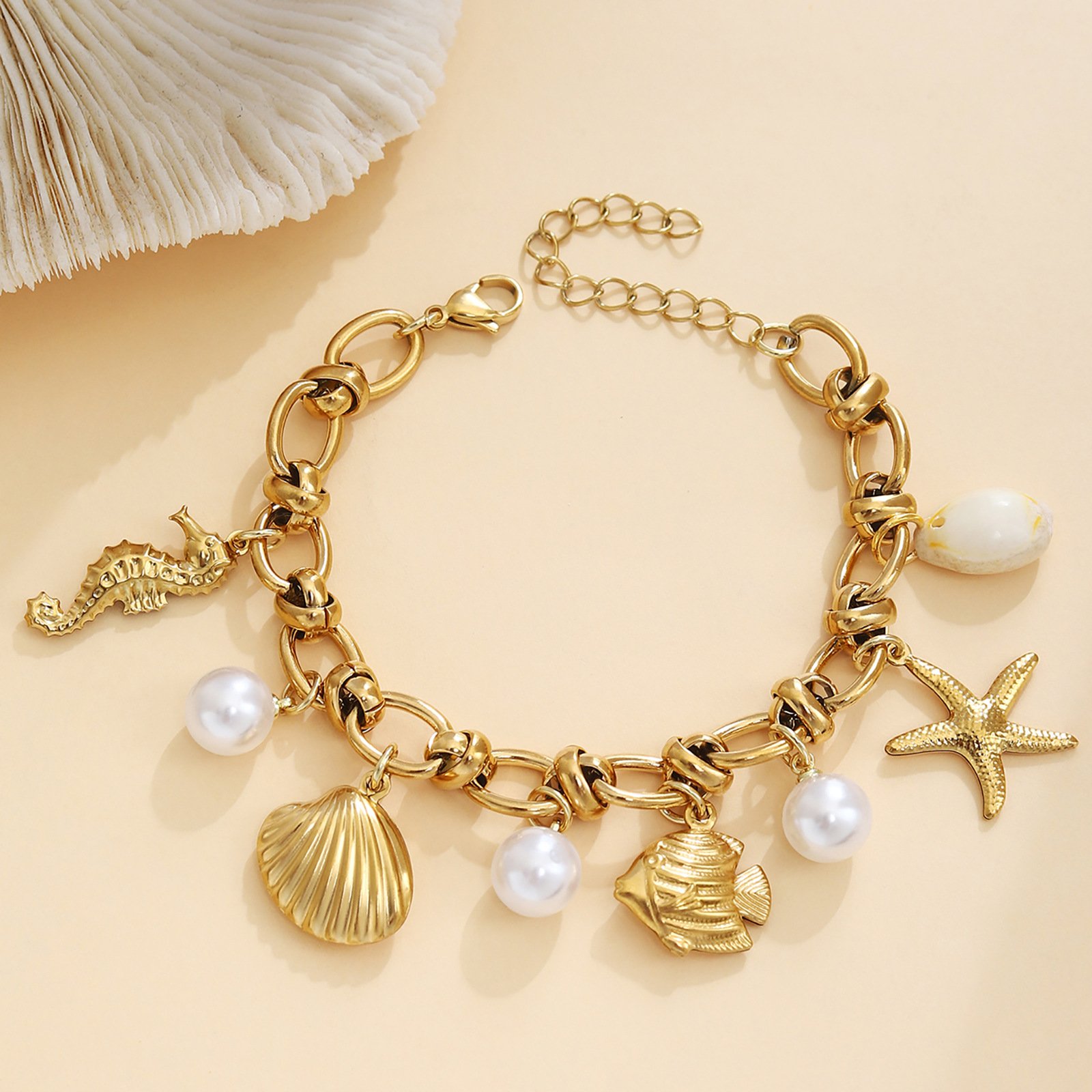 2:seahorse shell starfish fish conch pearl bracelet gold