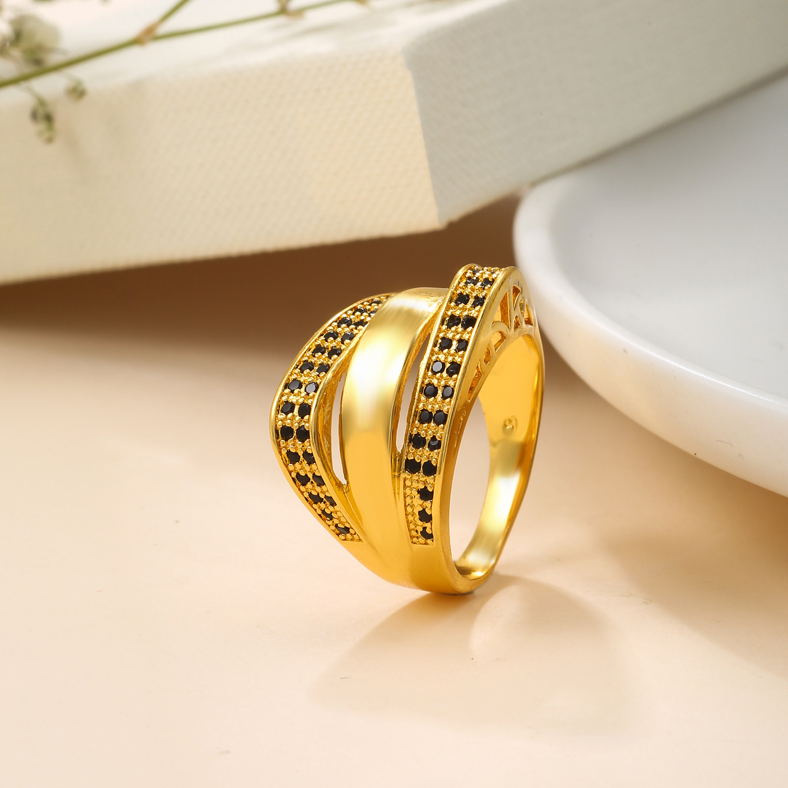 Copper-black zircon geometric ring 10