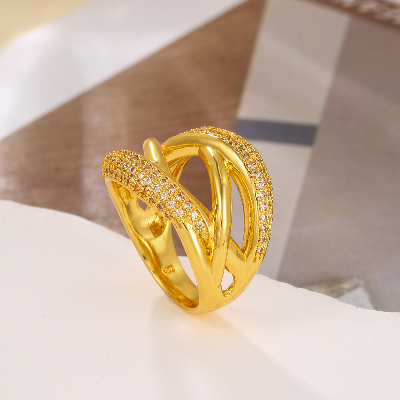 Copper-double row diamond geometric ring 8