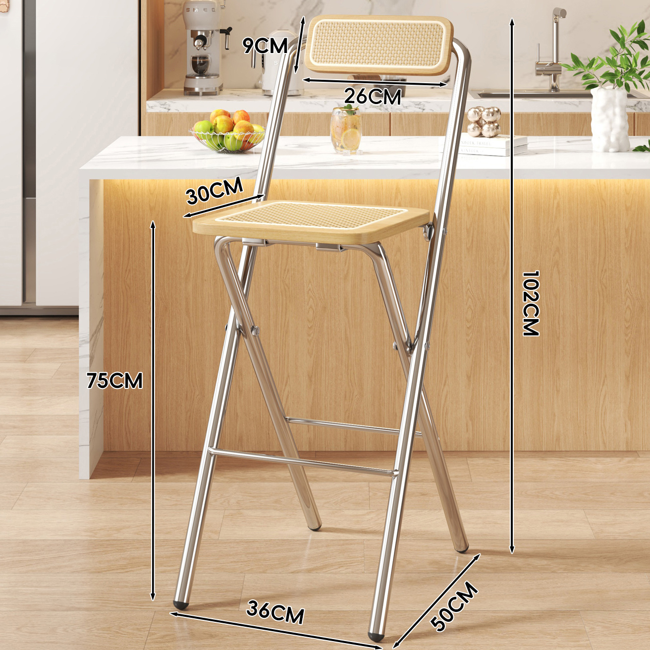 Natural wood-colored square cushion - natural wood-colored back - 75CM plated legs