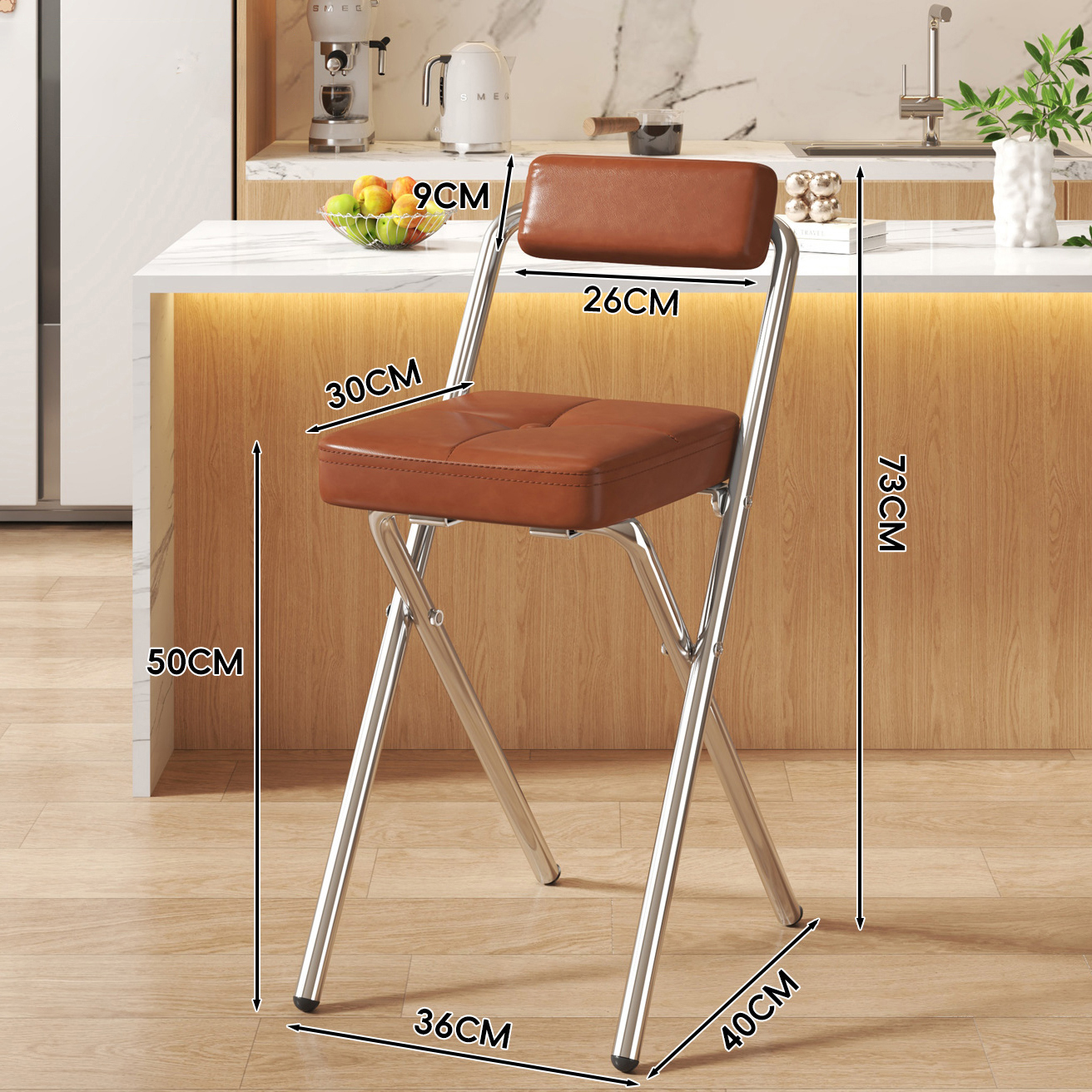 Brown Button Square Cushion - Brown Soft Pack Back - 50CM Chrome Legs