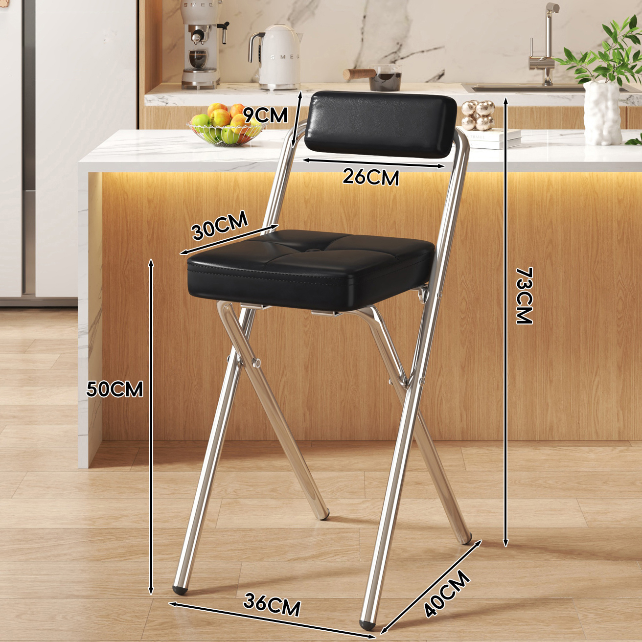 Black Snap Square Cushion - Black Soft Upholstered Back - 50CM Electroplated Legs