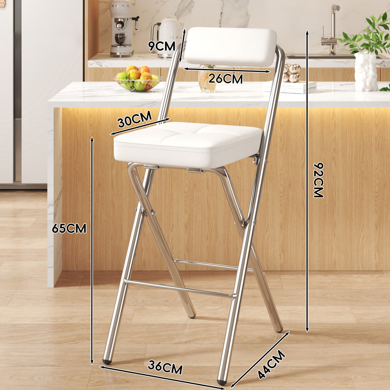 White Button Square Cushion - White Soft Upholstered Back - 65CM Electroplated Legs