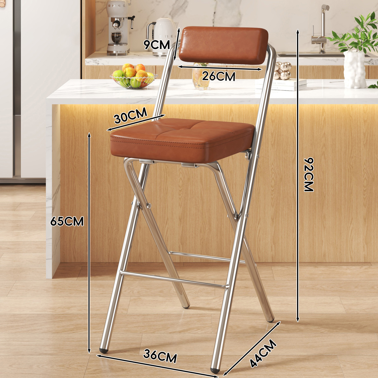 Brown Buttoned Square Cushion - Brown Soft Upholstered Back - 65CM Electroplated Legs