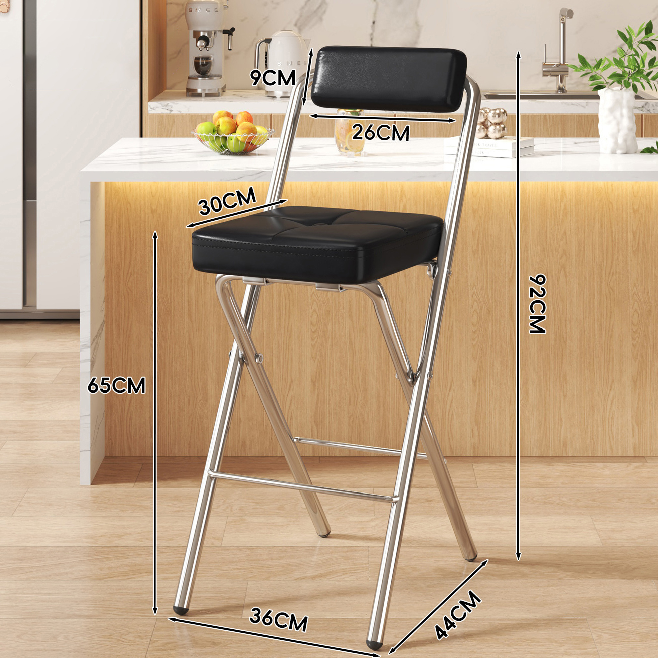 Black Snap Square Cushion - Black Soft Upholstery Back - 65CM Electroplated Legs