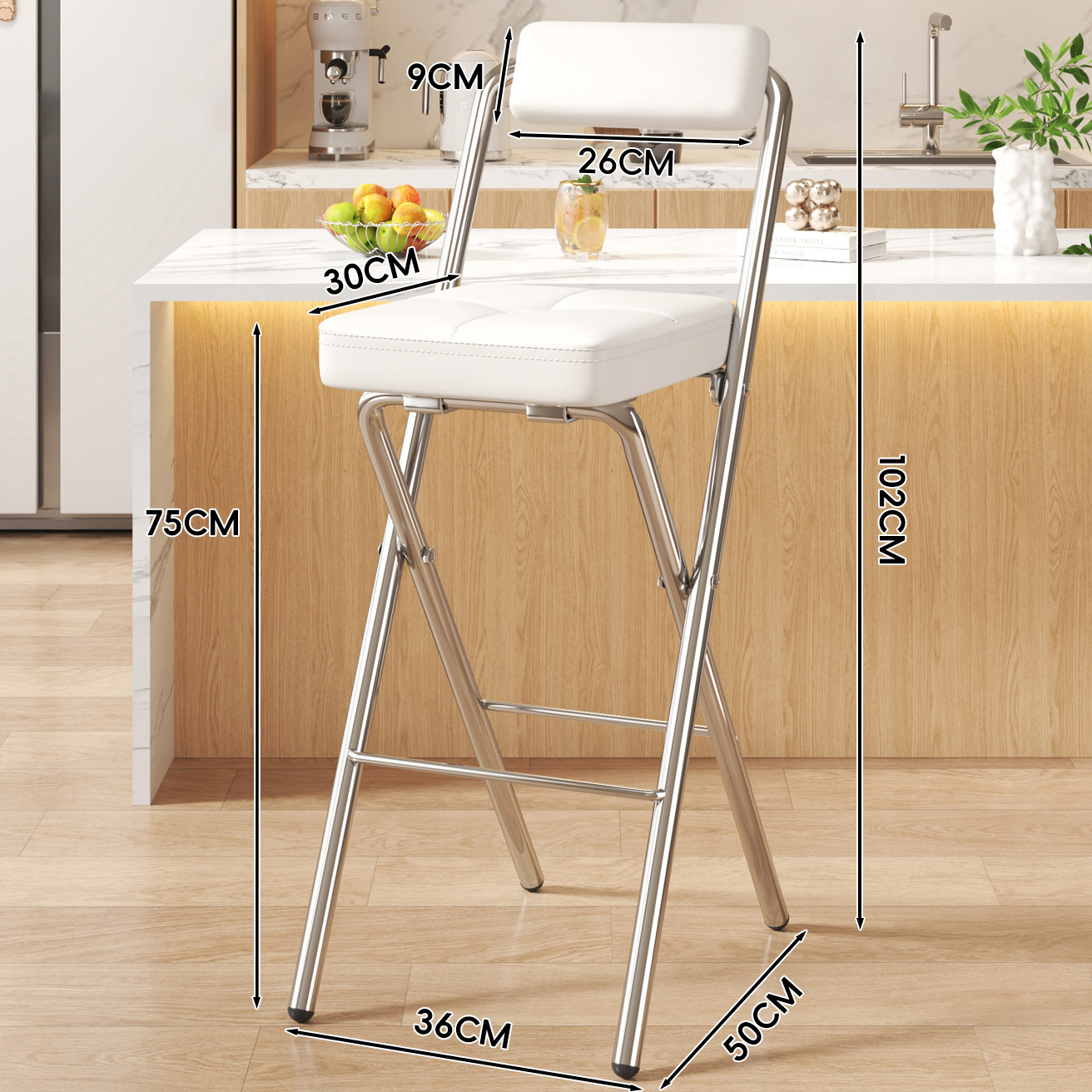 White Button Square Cushion - White Soft Upholstered Back - 75CM Electroplated Legs