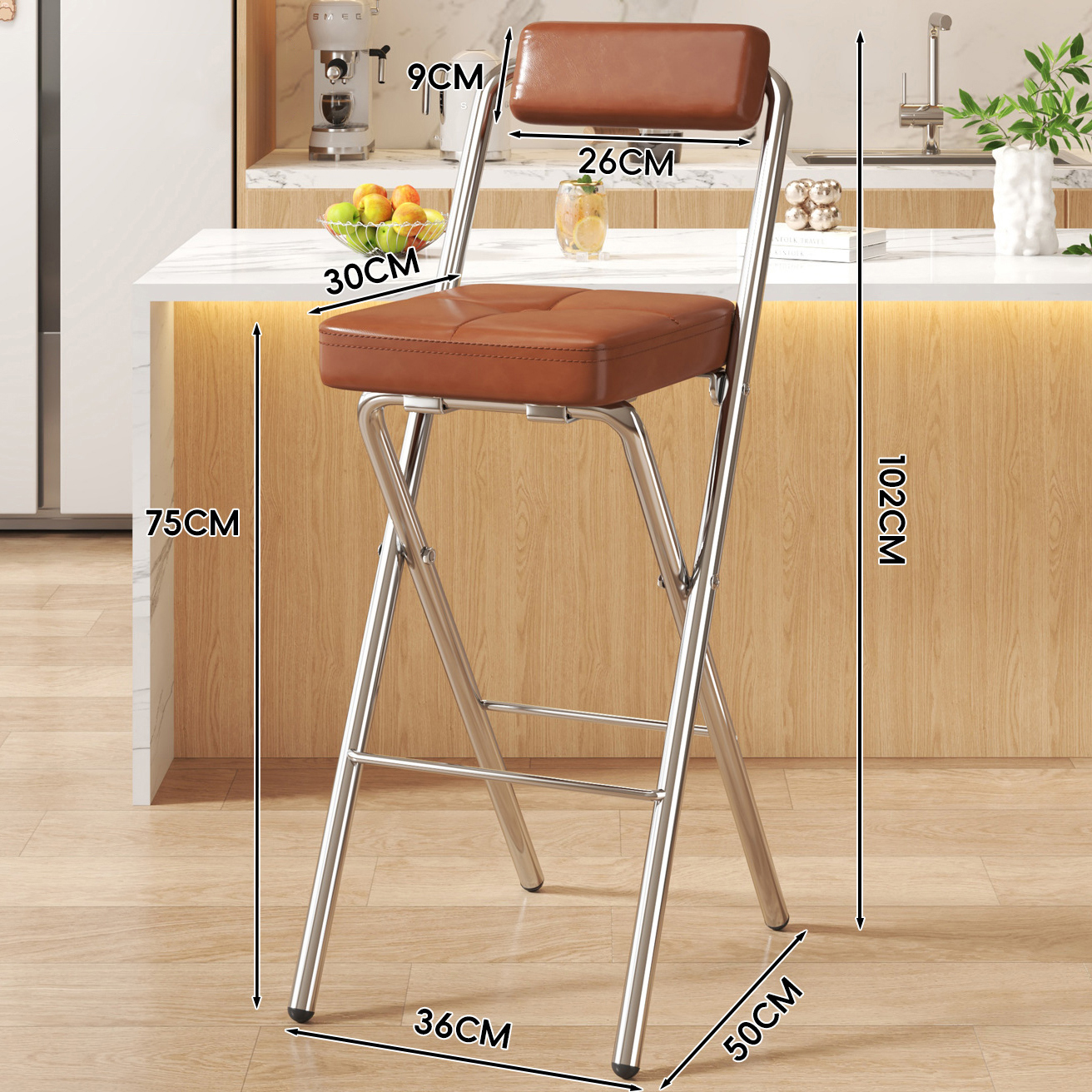 Brown Button Square Cushion - Brown Soft Pack Back - 75CM Chrome Legs