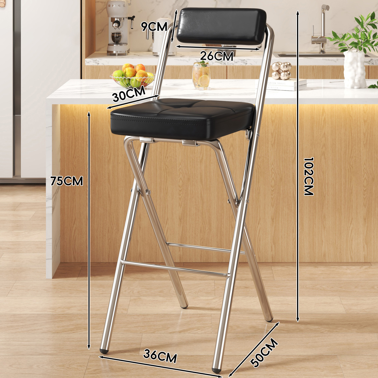 Black Snap Square Cushion - Black Soft Upholstered Back - 75CM Electroplated Legs