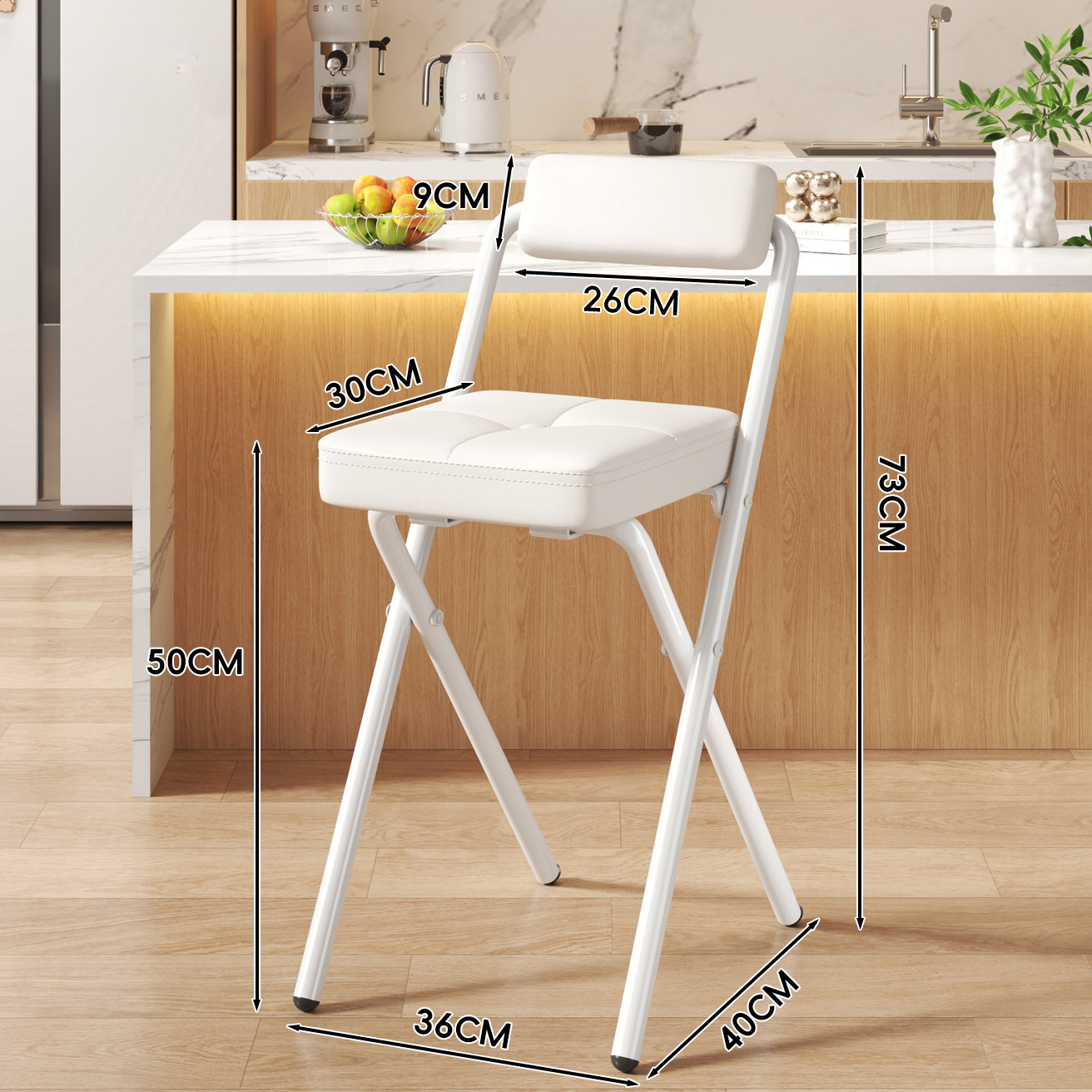 White Button Square Cushion - White Upholstered Back - 50CM White Legs