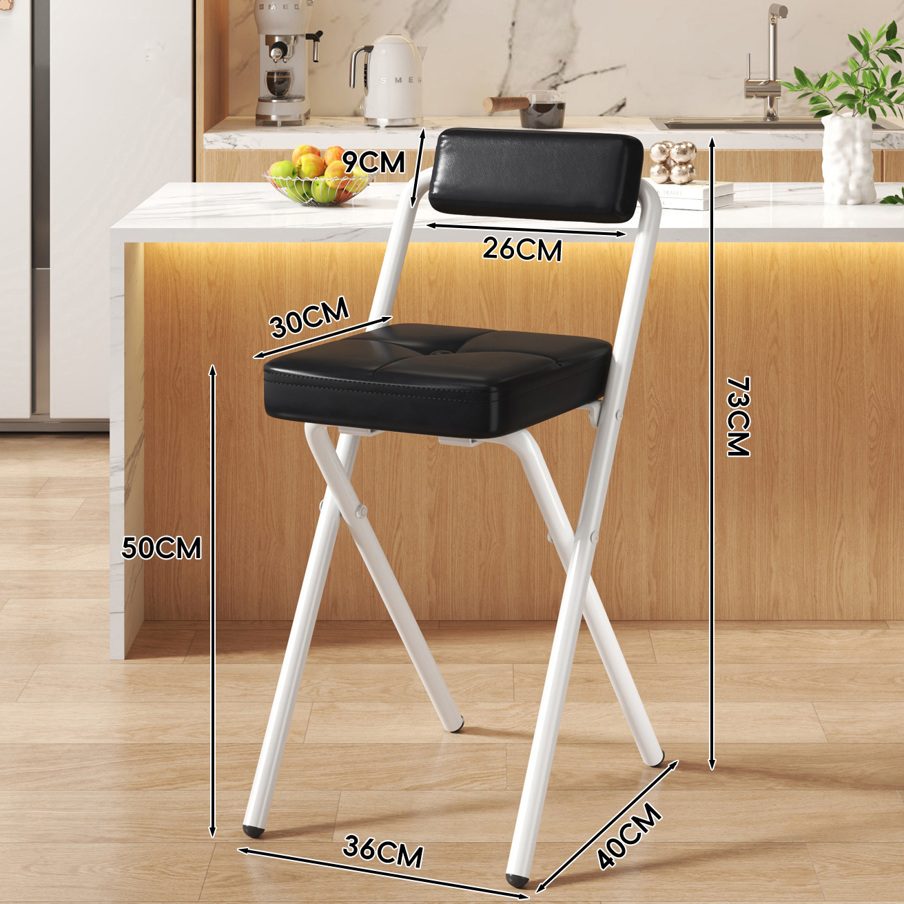 Black Button Square Cushion - Black Soft Back - 50CM White Legs