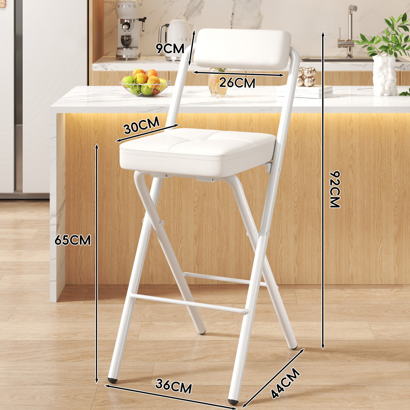 White Button Square Cushion - White Upholstered Back - 65CM White Legs