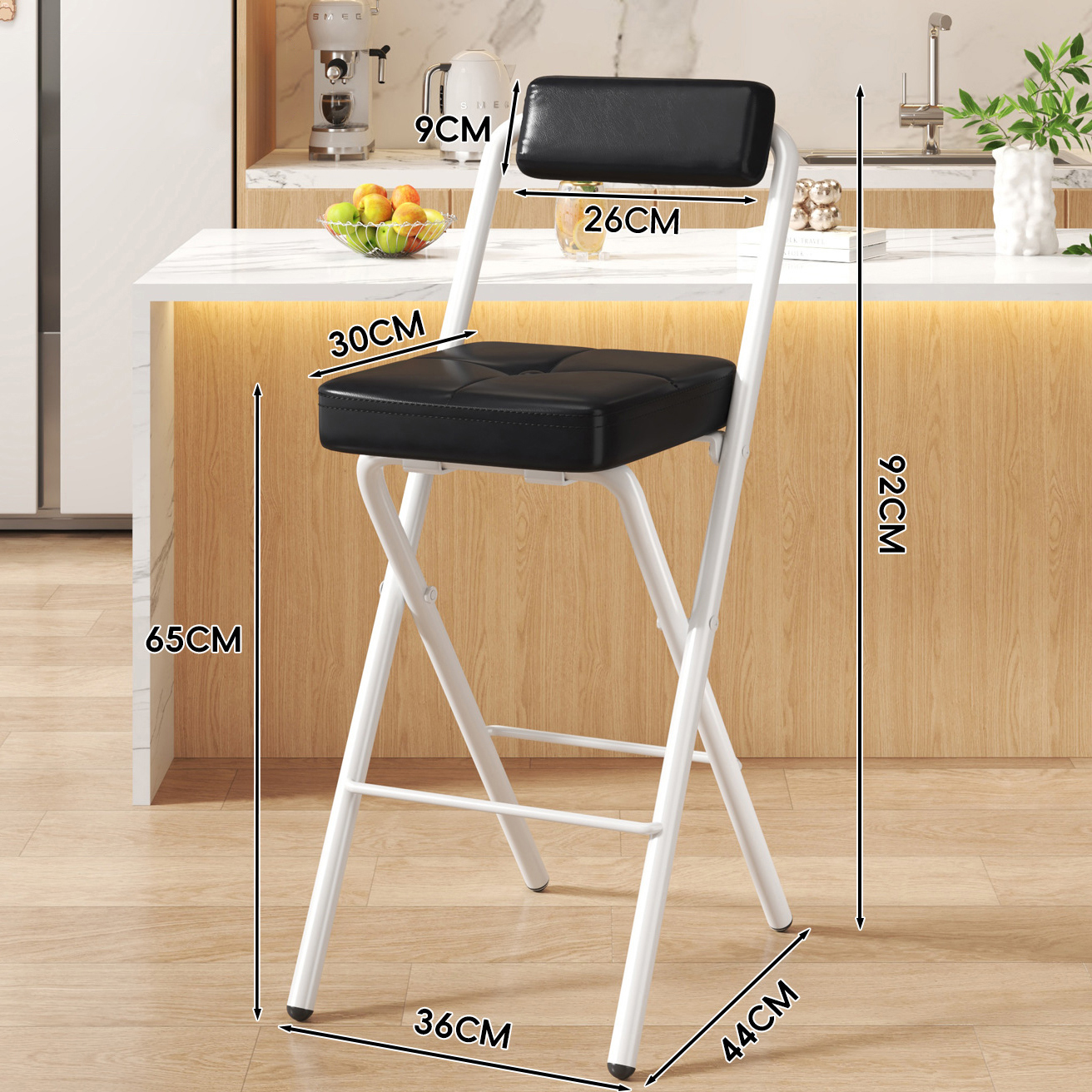 Black Button Square Cushion - Black Soft Back - 65CM White Legs