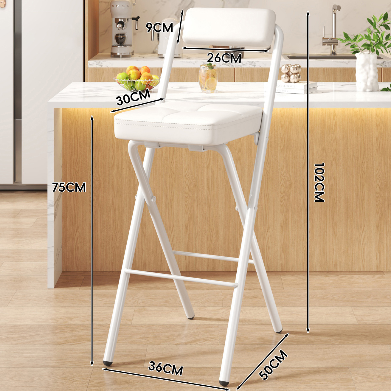 White Button Square Cushion - White Upholstered Back - 75CM White Legs