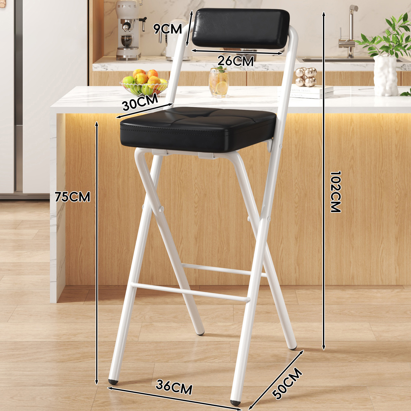 Black Button Square Cushion - Black Soft Back - 75CM White Legs