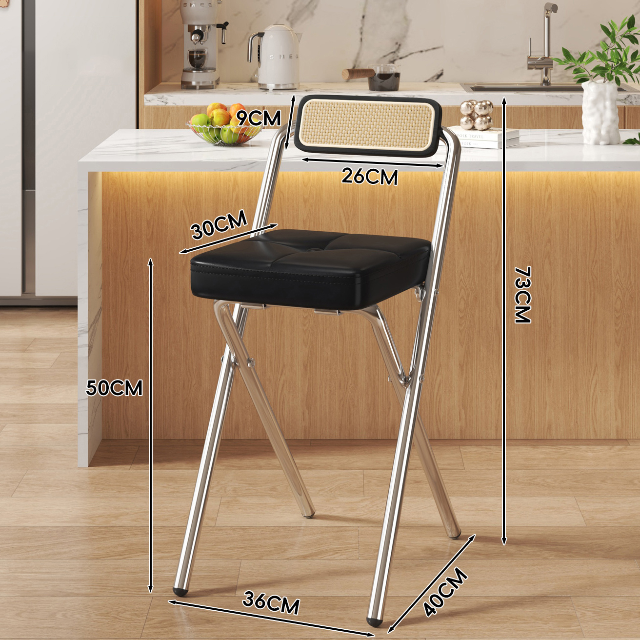 Black Snap Square Cushion - Black Wood Grain Back - 50CM Chrome Legs