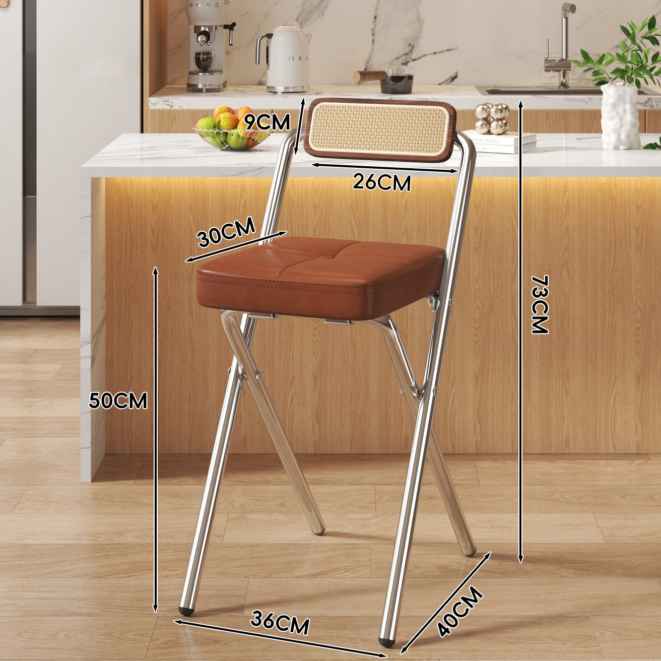 Brown Buttoned Square Cushion - Walnut Back - 50CM Chrome Legs