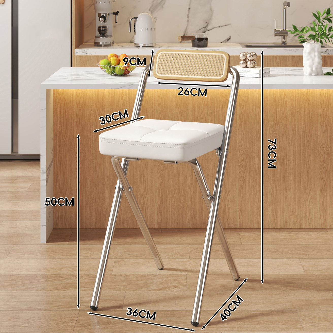 Bailakou Square Cushion - Natural Wood Color Back - 50CM Chrome Legs