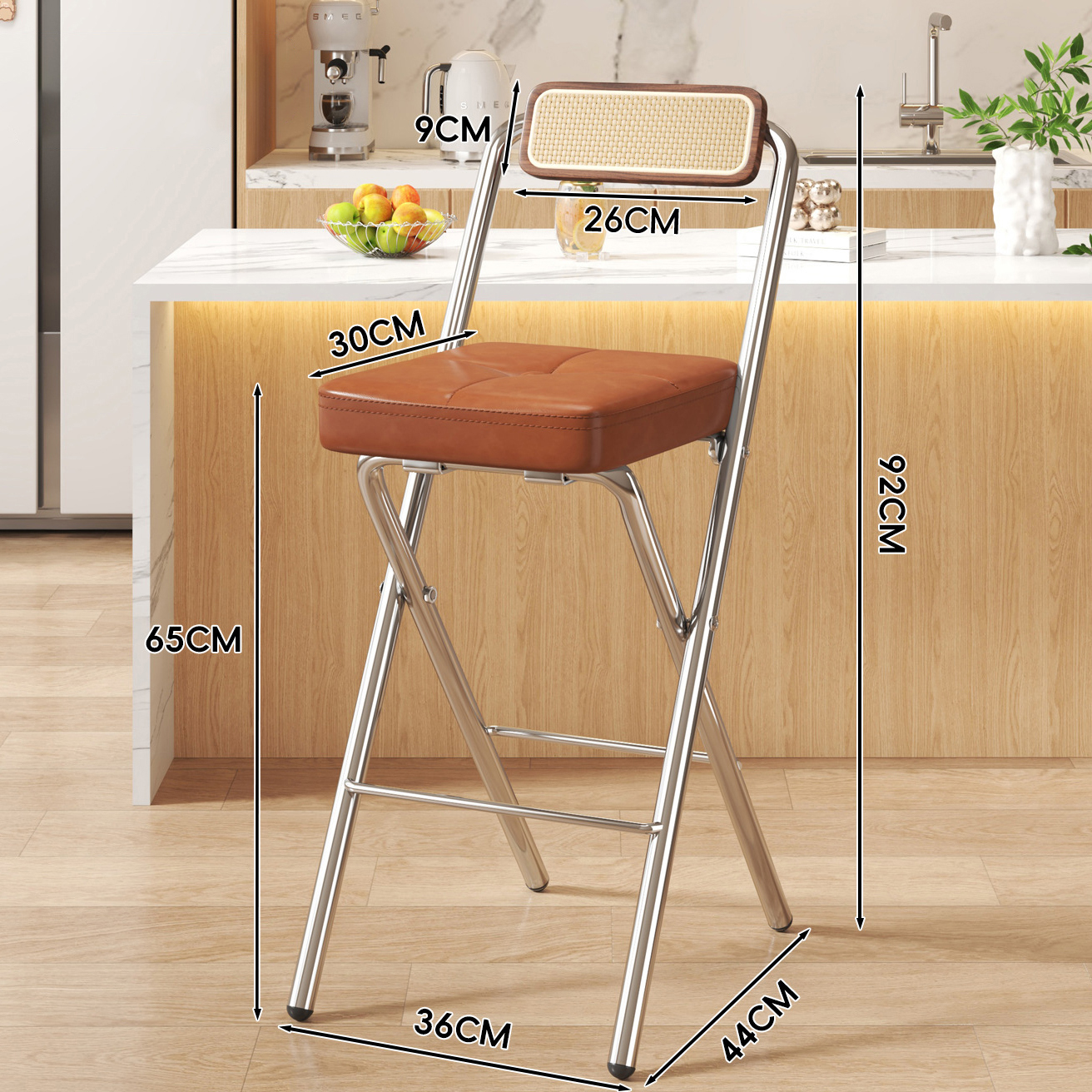 Brown Button Square Cushion - Walnut Back - 65CM Chrome Legs