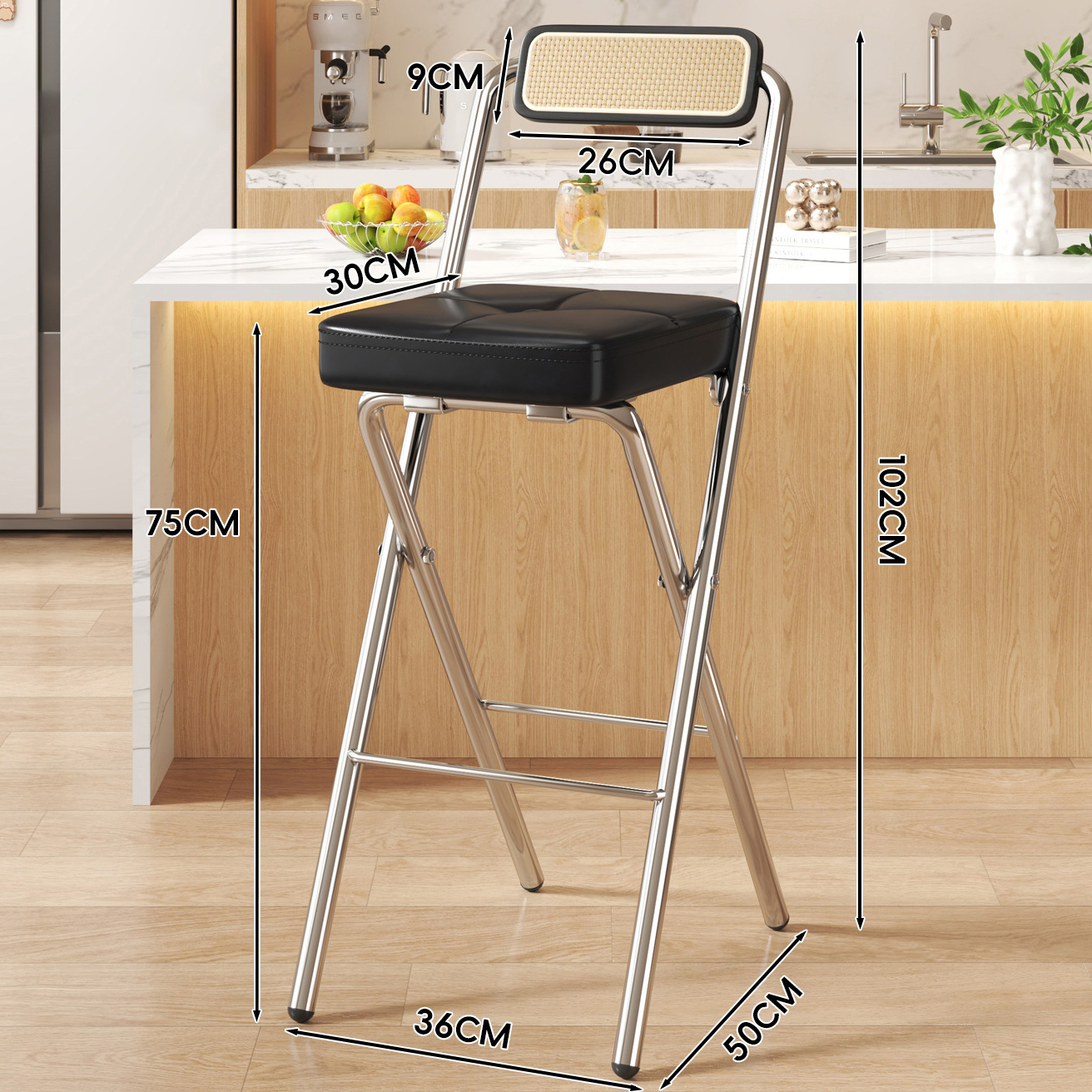 Black Snap Square Cushion - Black Wood Grain Back - 75CM Chrome Legs