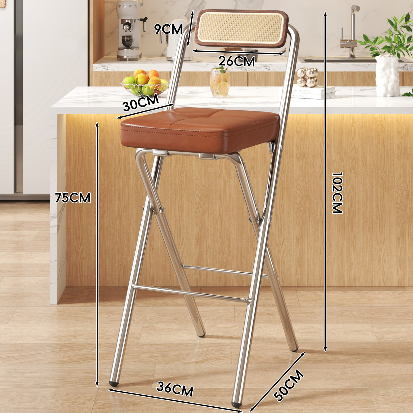 Brown Buttoned Square Cushion - Walnut Back - 75CM Chrome Legs