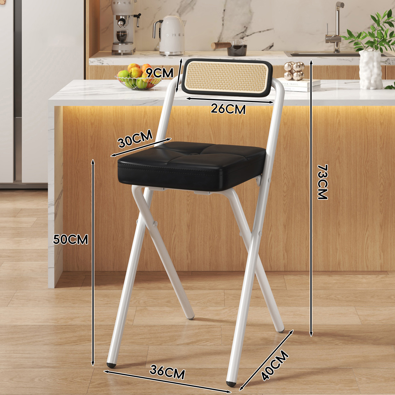 Black snap square cushion - black wood grain back - 50CM white legs