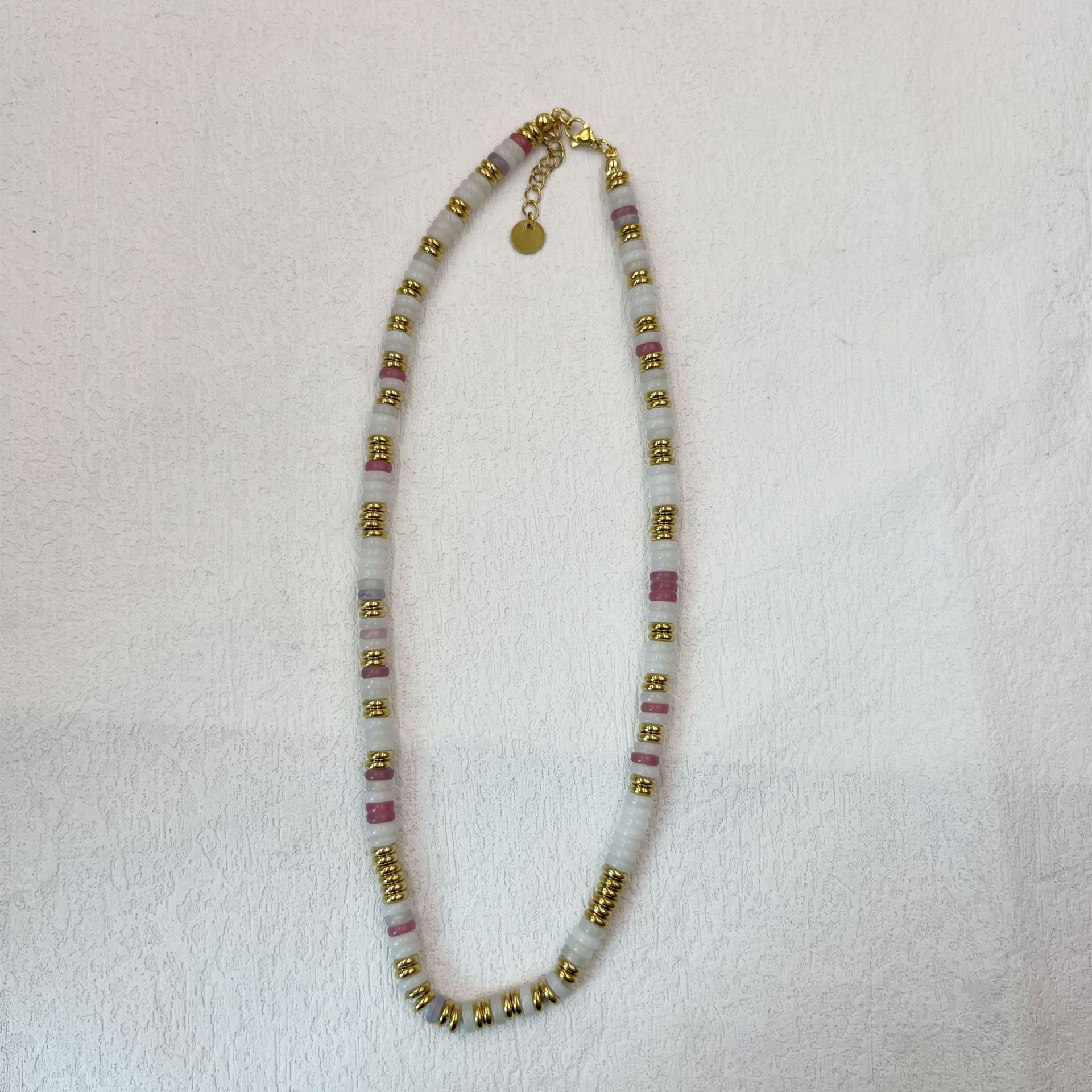 23:Pink white jade frisbee necklace