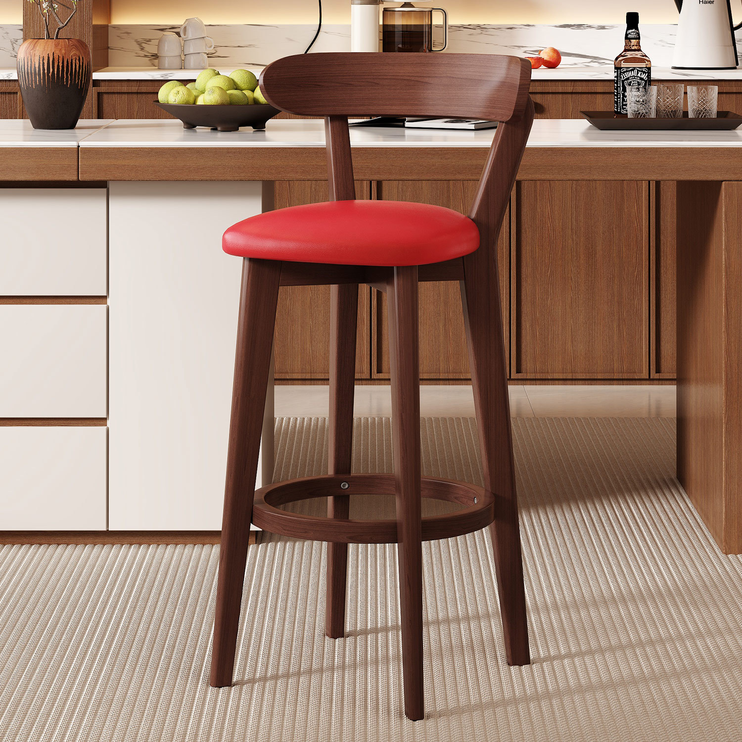 Big red leather brown wood frame