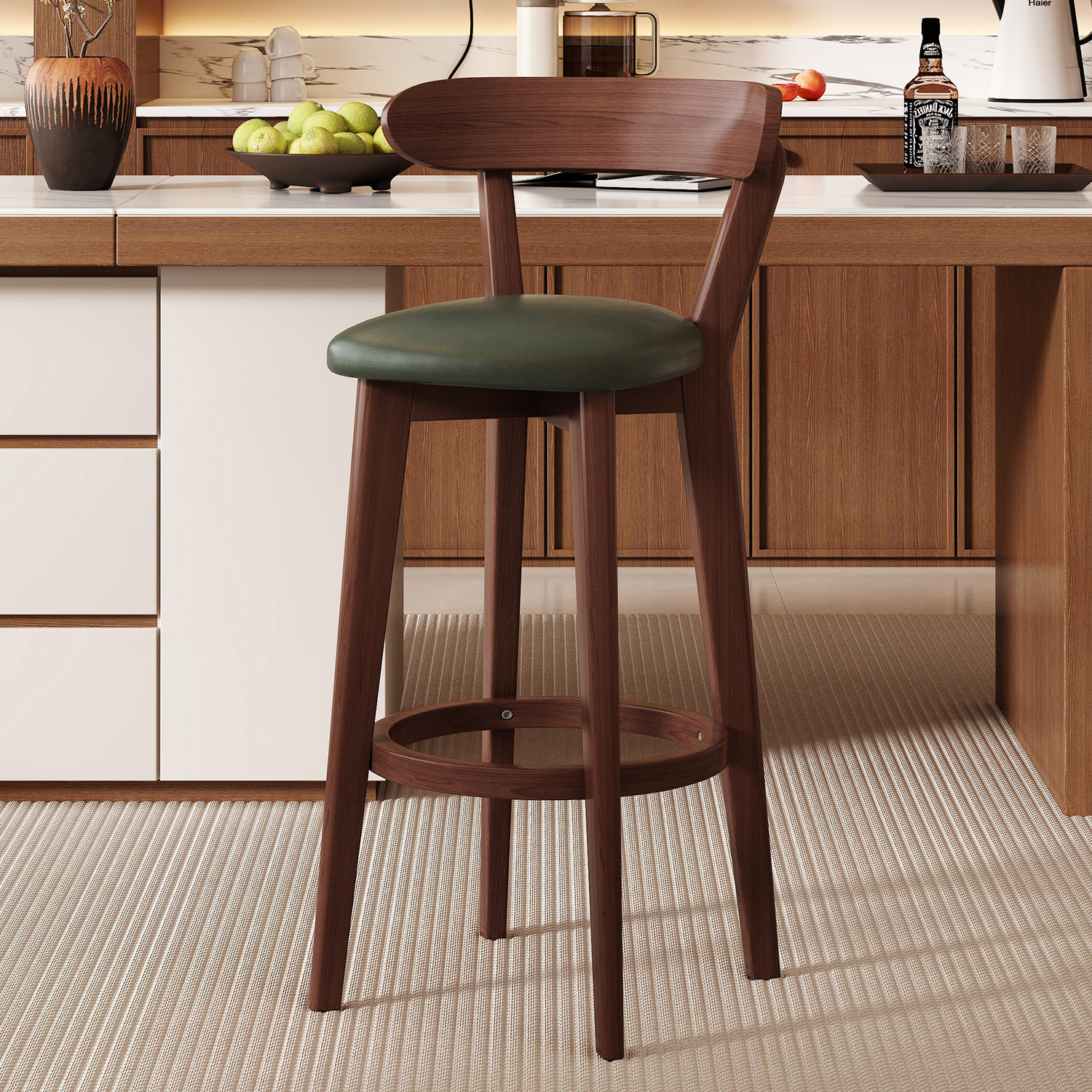 Military green leather brown wood frame