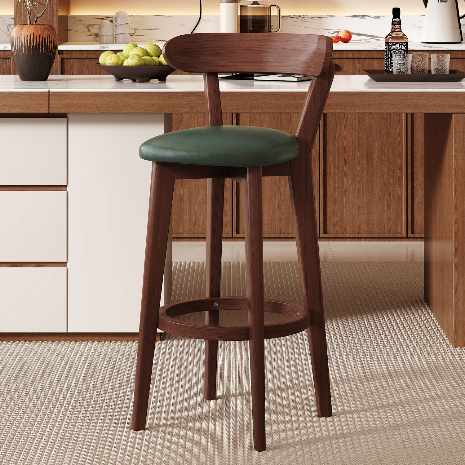 Dark green leather brown wood frame