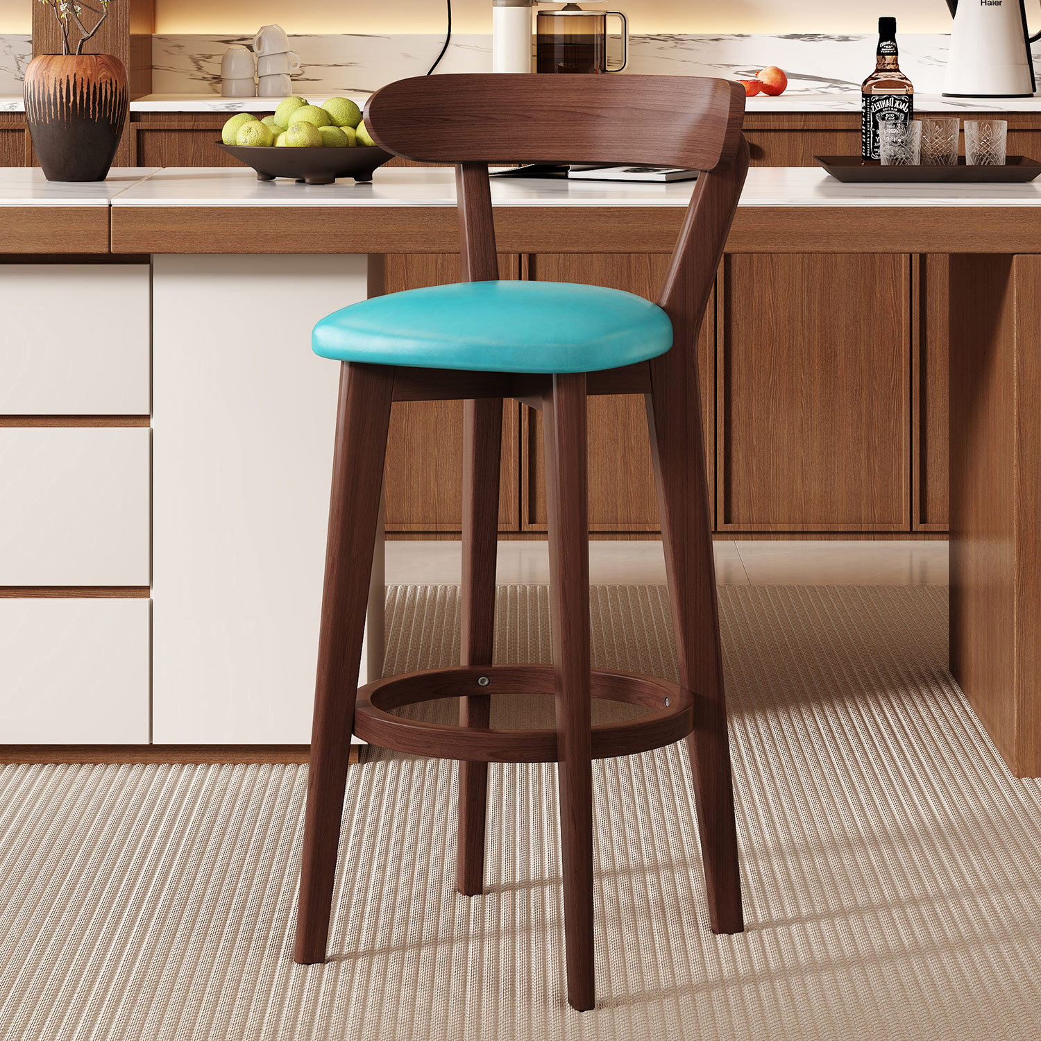 Light blue leather brown wood frame