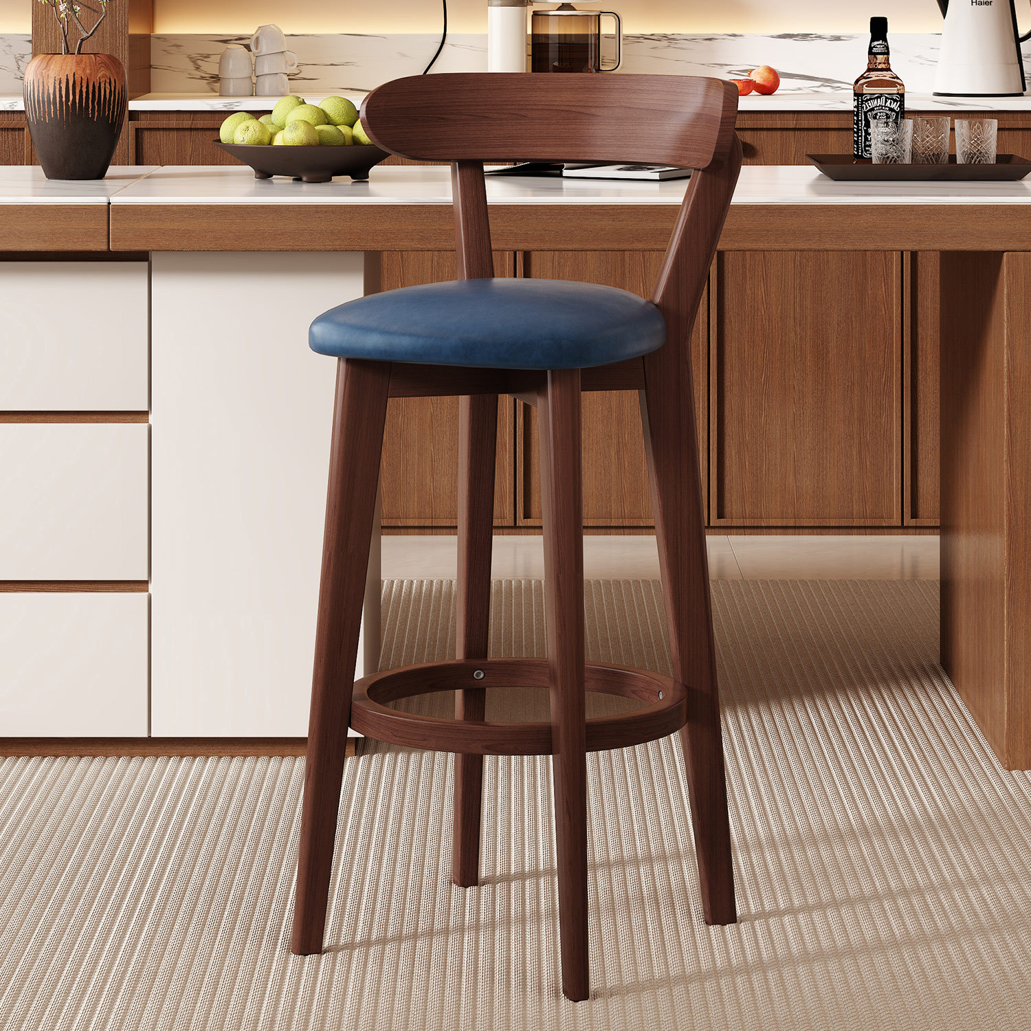 Dark blue leather brown wood frame